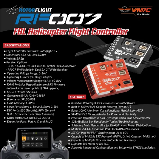 ROTORFLIGHT VANTAC RF007 Archer+, Twin, FBL Helicopter Flight Controller--(Bulit-in AP/TW/TD receiver optional)